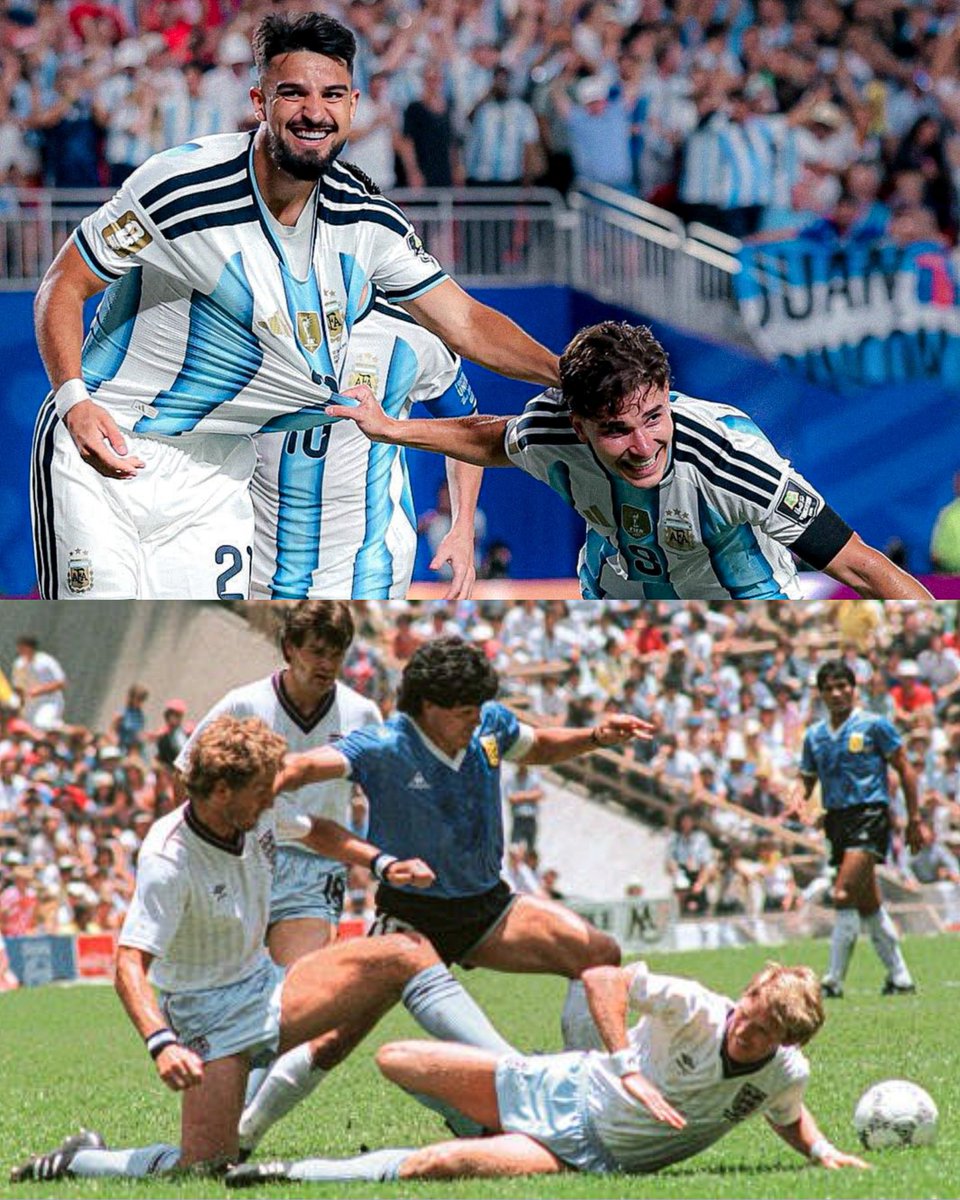 Maradona encara a los ingleses en los cuartos del 86; arriba, el festejo de la Selección en 2026